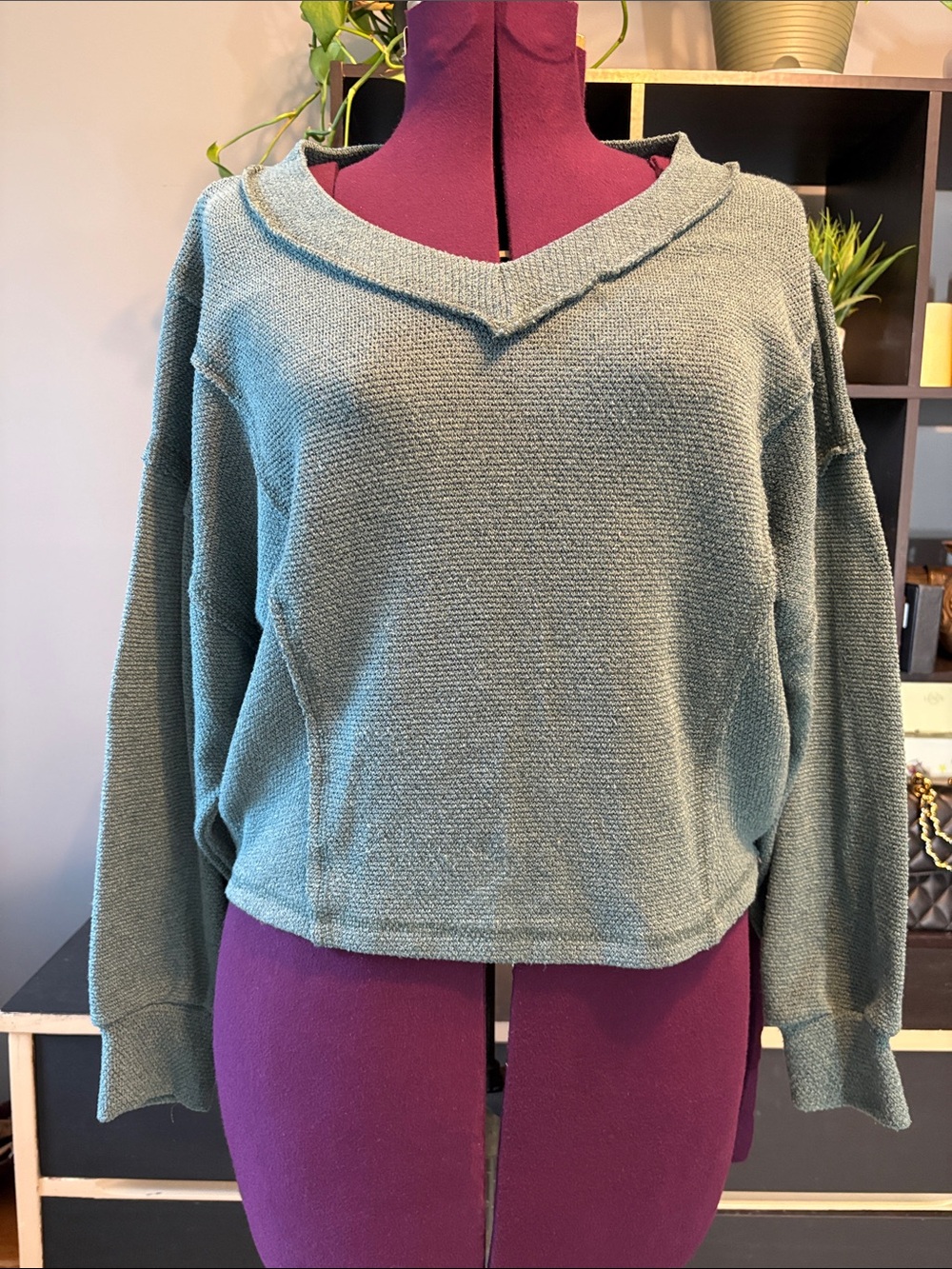 Lush Sage Green Relaxed V-Neck Cropped Reverse Stitch Sweater